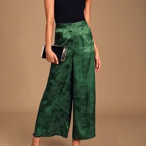 Lulus Jacquard of All Trades Forest Green Satin Wide-Leg Pants